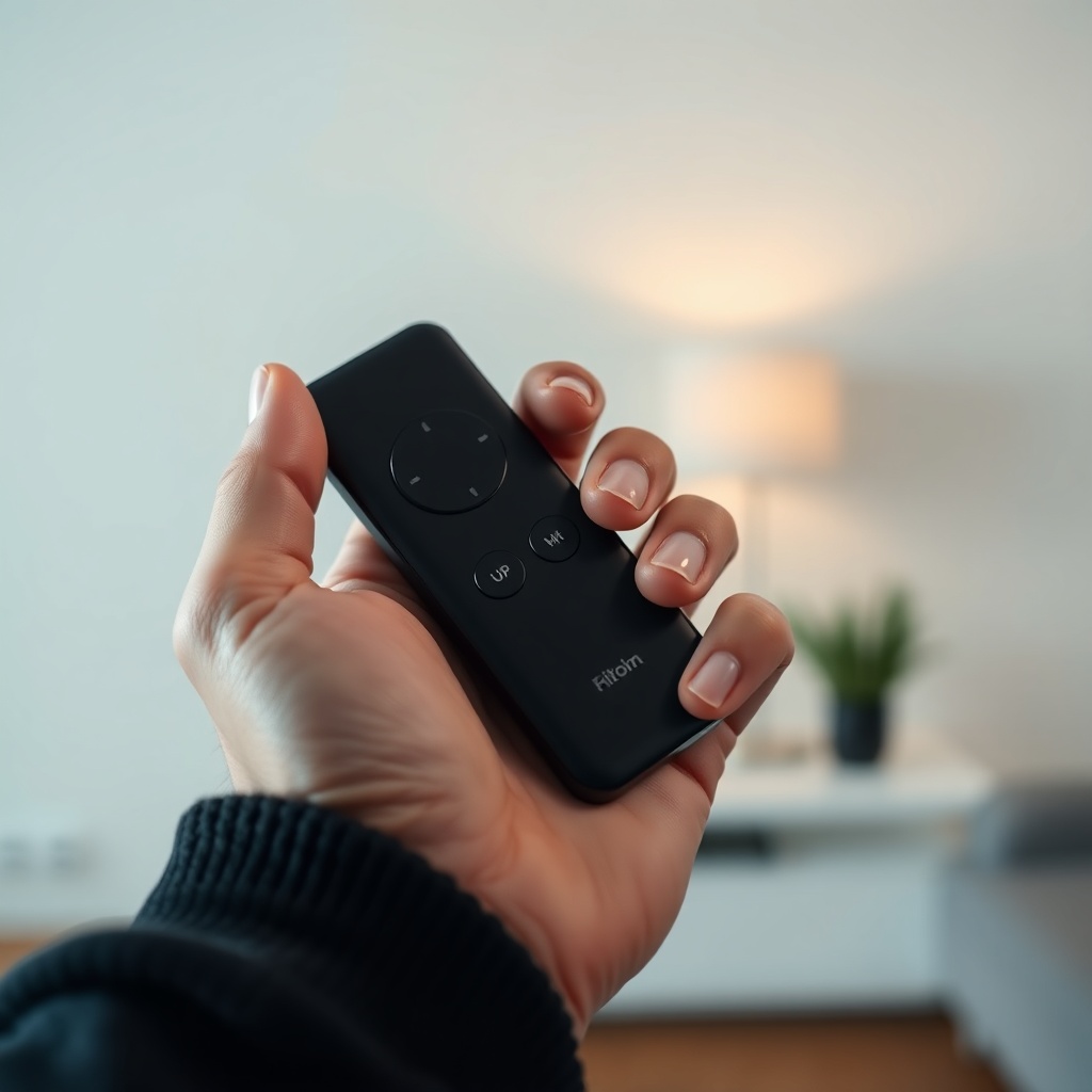 Close-up of a hand holding a sleek black wireless remote control with two large buttons (u