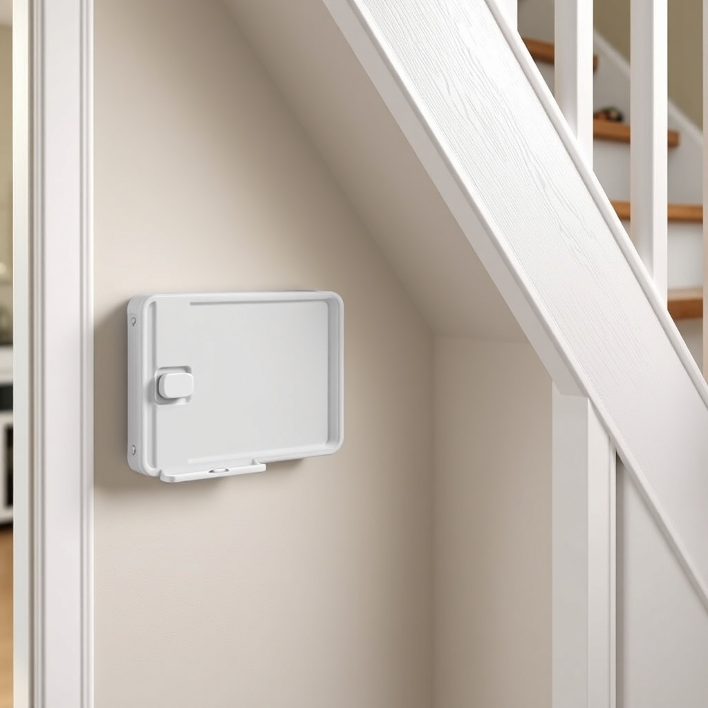 A childproof storage box for the remote control mounted on a wall next to a staircase