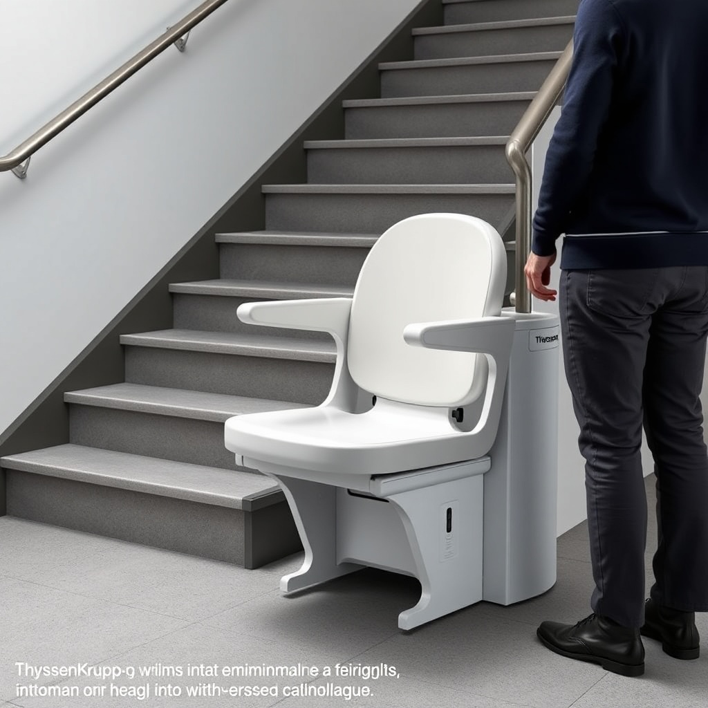A photorealistic view of a ThyssenKrupp Flow 550 folded up against a straight staircase