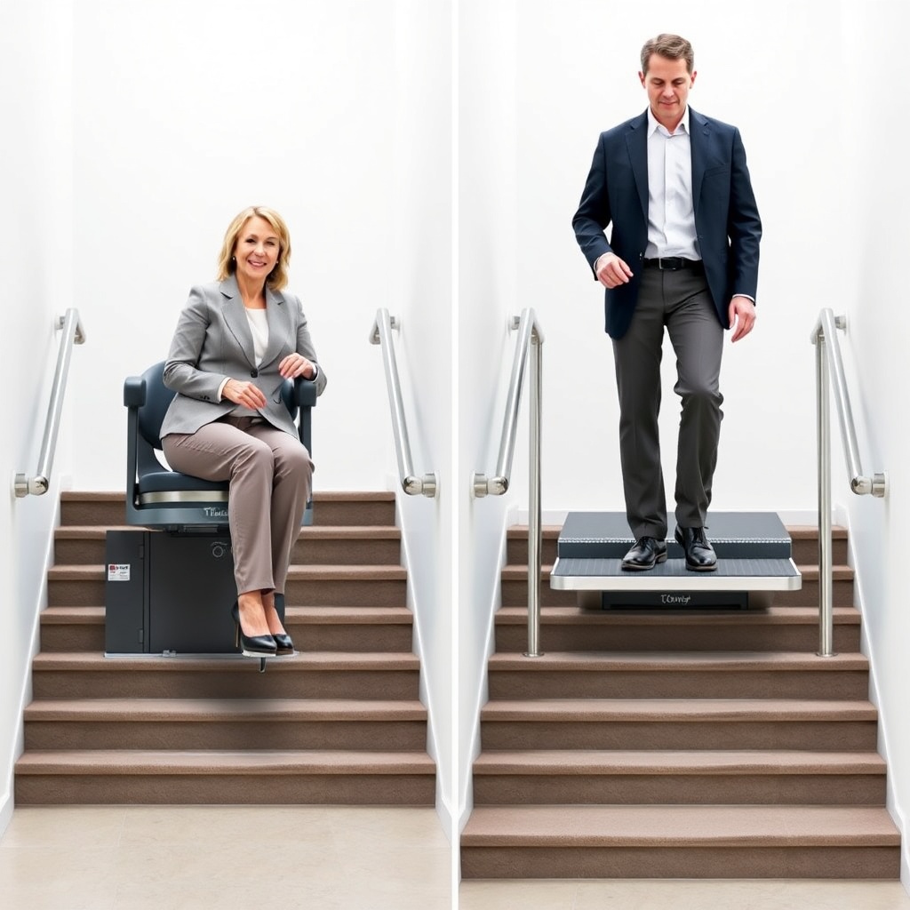A photorealistic side-by-side comparison of a seated user on a Thyssenkrupp Flow 550 Sitzl