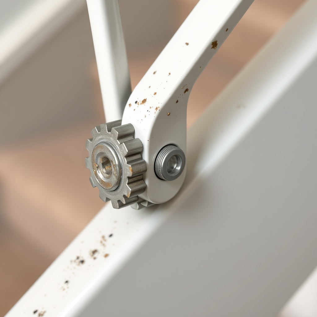 A photorealistic close-up image showing a metal rack gear on a stairlift rail with visible