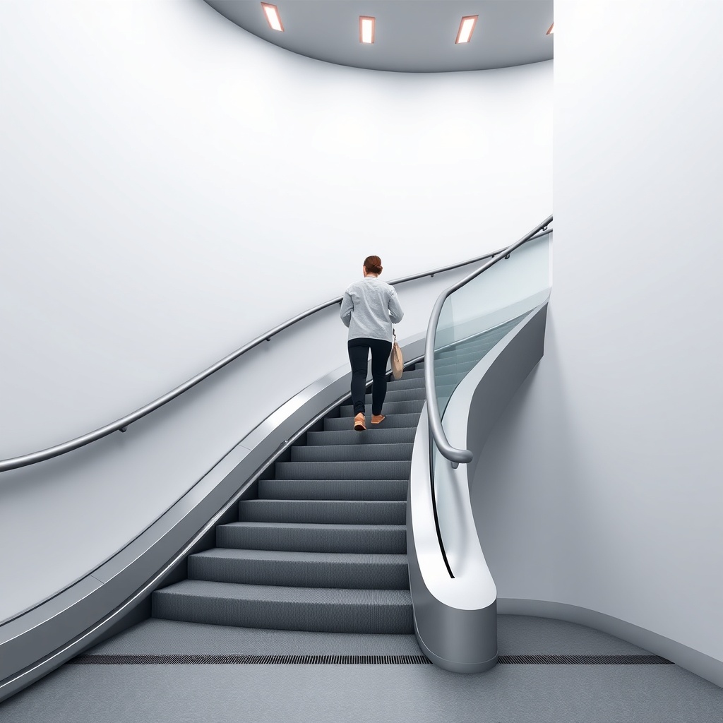 A photorealistic illustration showing a person standing on a ThyssenKrupp Flow 550 platfor