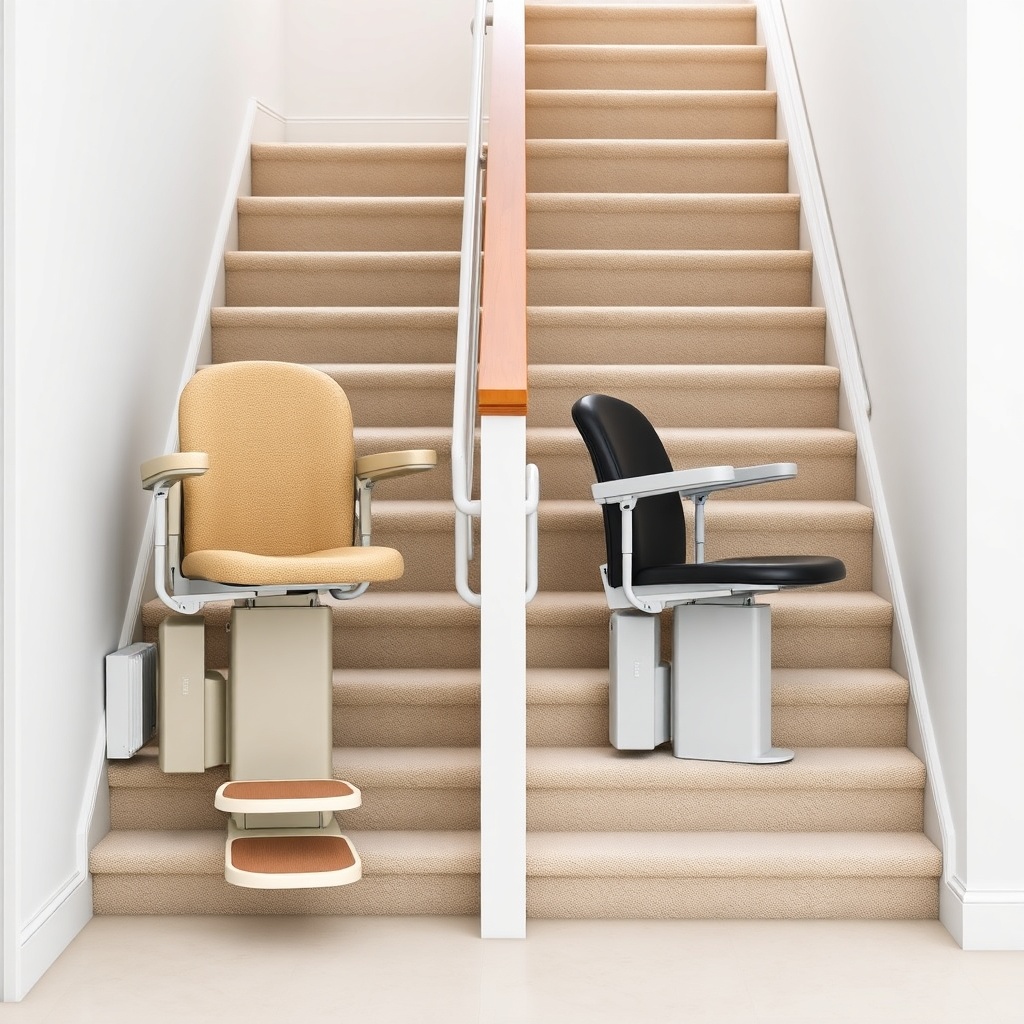 A photorealistic photo showing two stairlifts side by side on the same straight staircase: