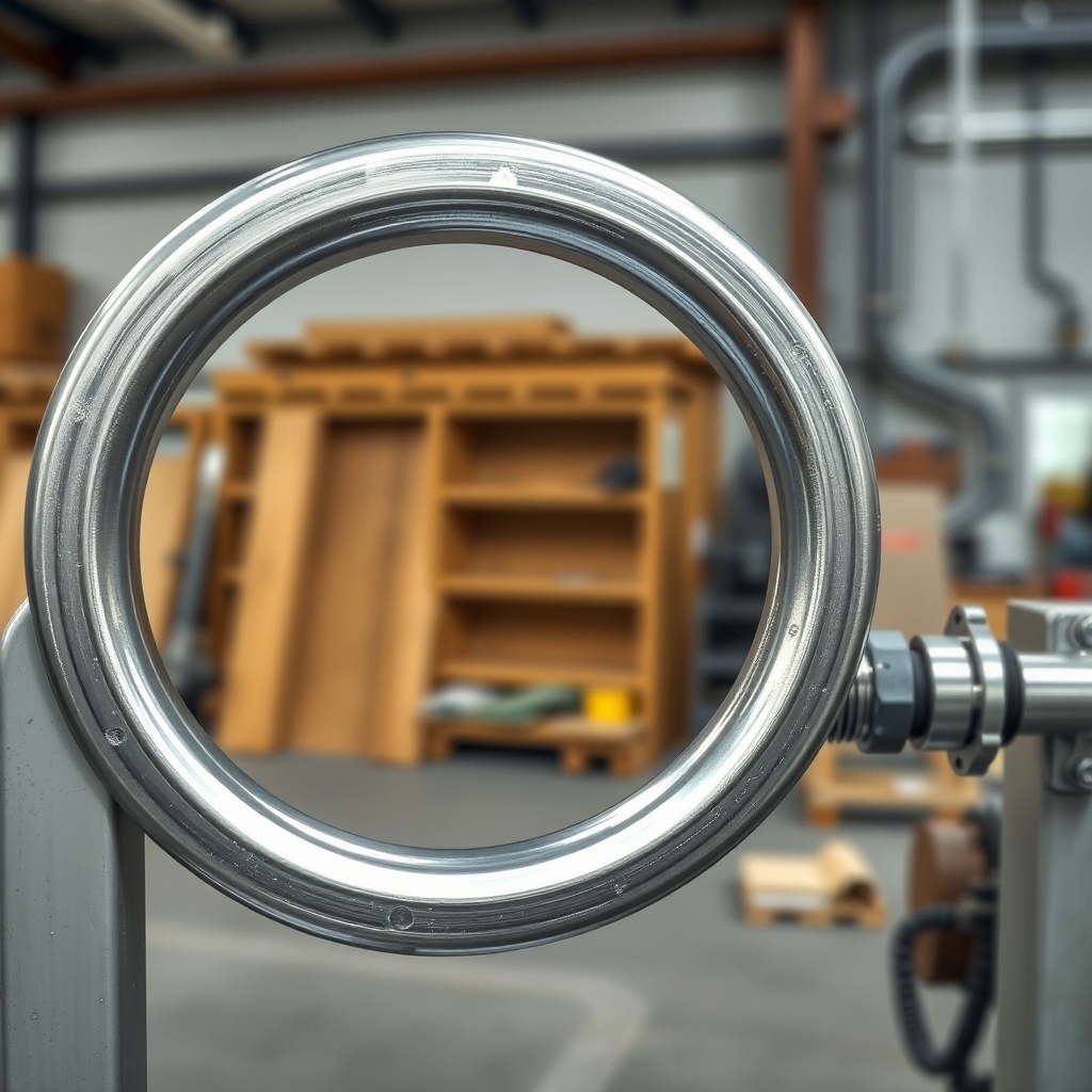 Photorealistic close-up of a curved steel rail for a stairlift being shaped on a hydraulic