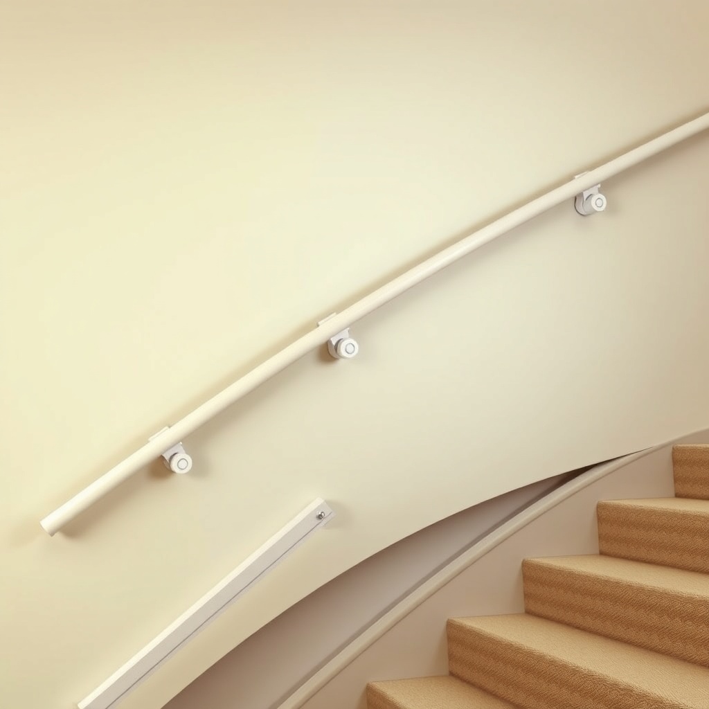 Photorealistic image of a stairlift rail mounted on a curved wall with multiple wall brack