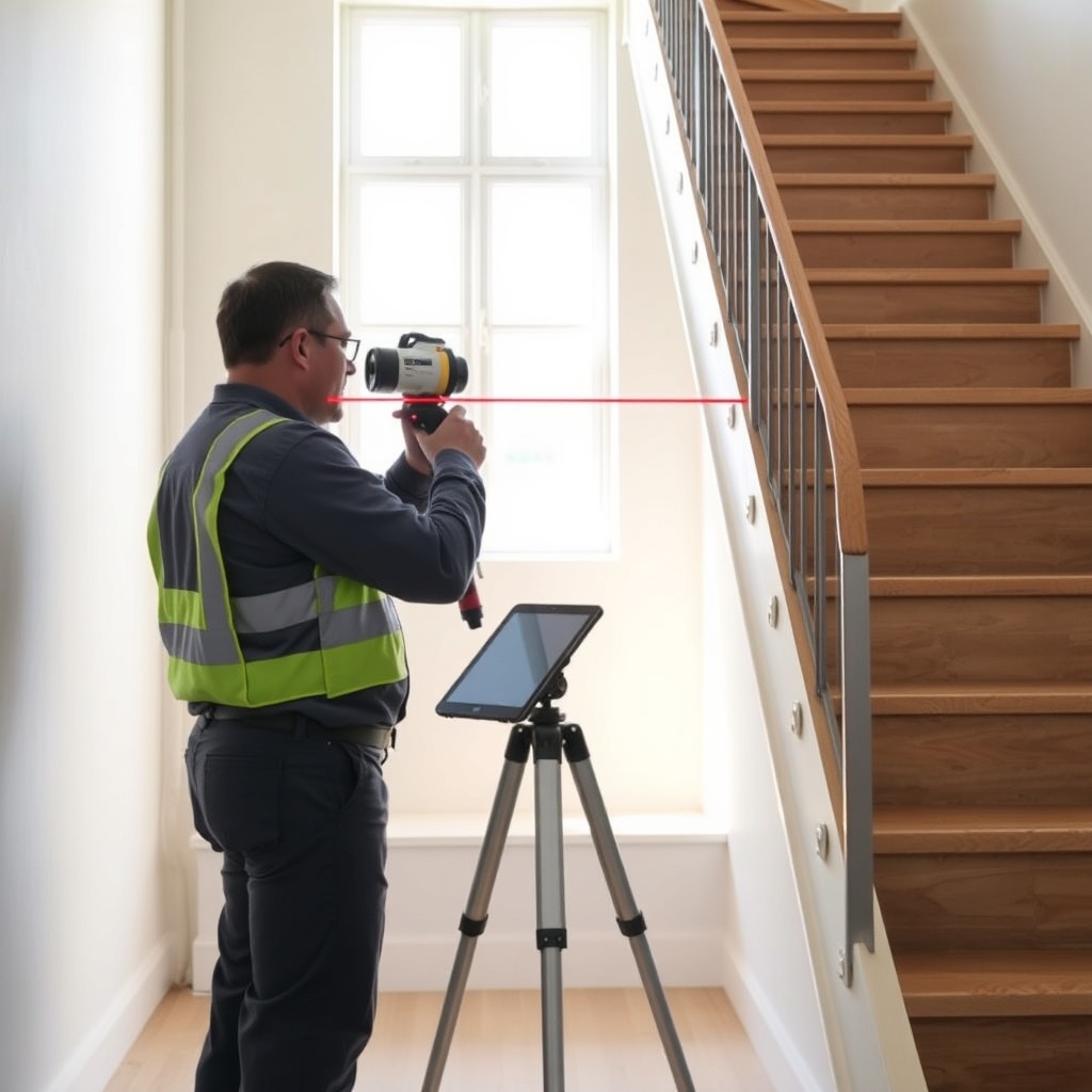 An experienced technician with a laser measuring device at the base of a straight staircas