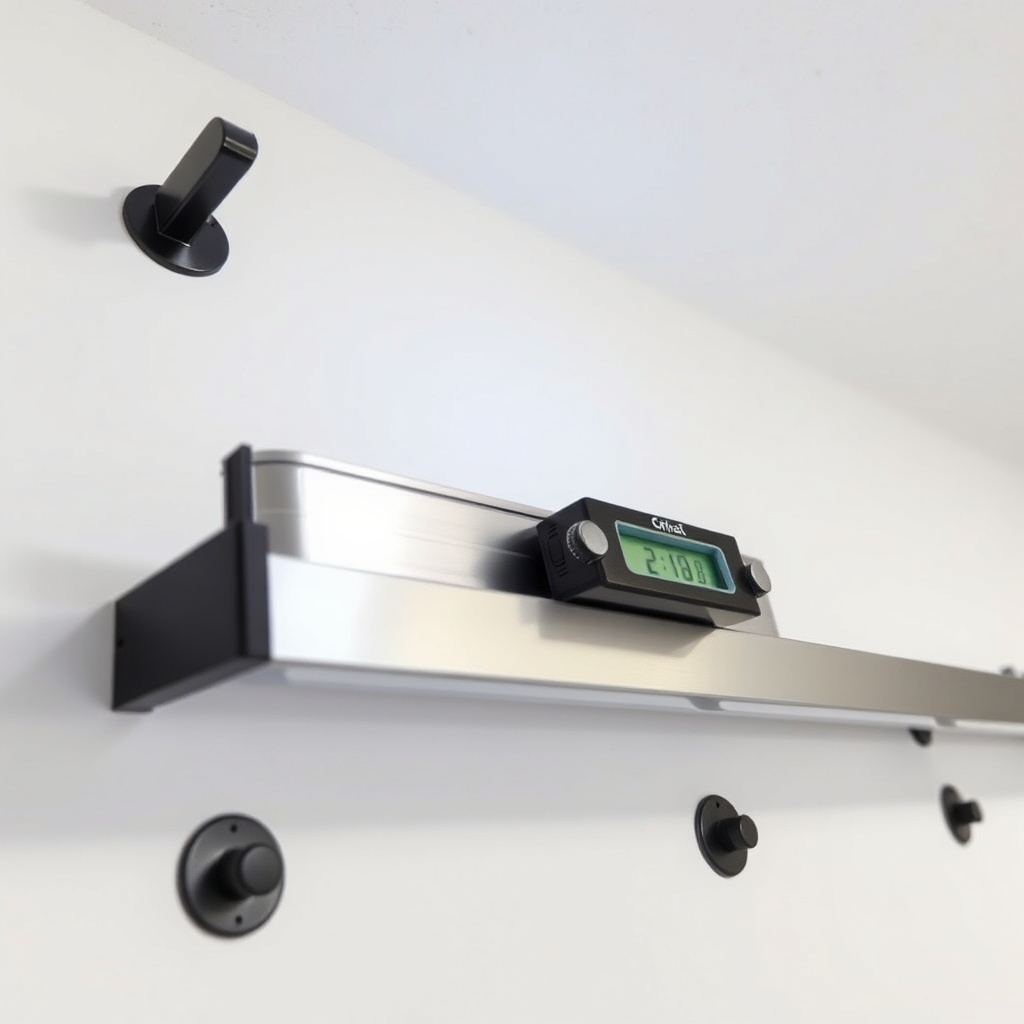 A close-up photo of a silver metal rail mounted on a white wall with three black brackets