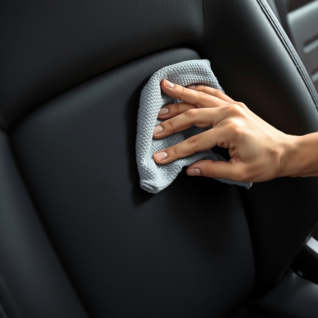 A close-up photorealistic photo of a hand wiping the black artificial leather seat of a TK