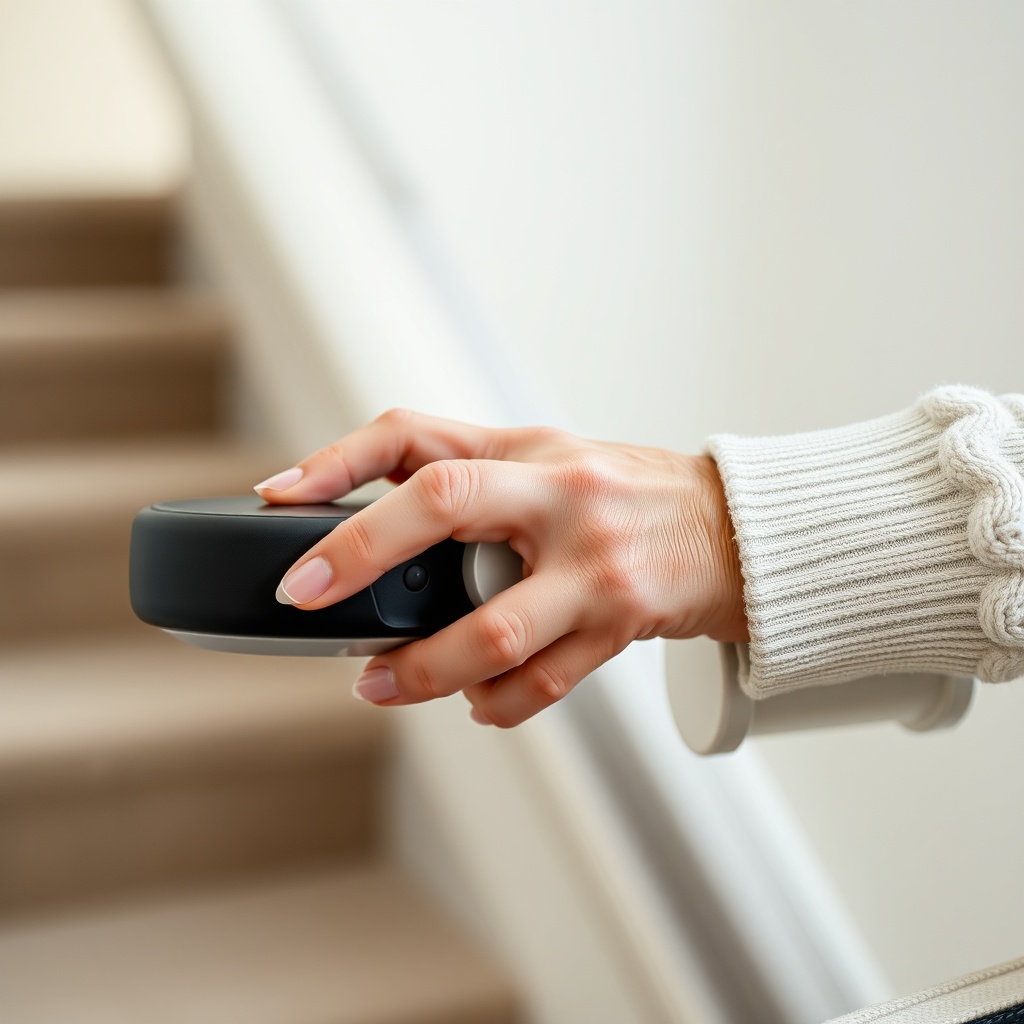 A photorealistic close-up photo of an elderly woman's hand gently pushing a sleek black jo