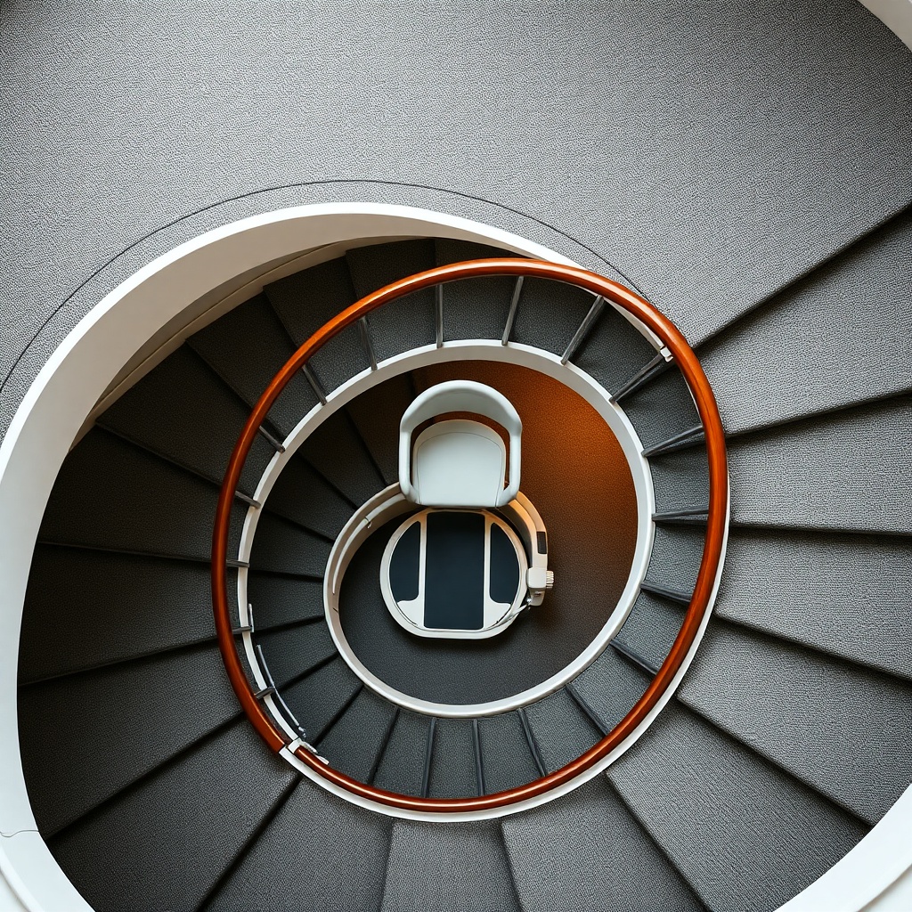 A top-down view of a curved staircase with a Stannah 420 lift navigating a 90-degree turn;