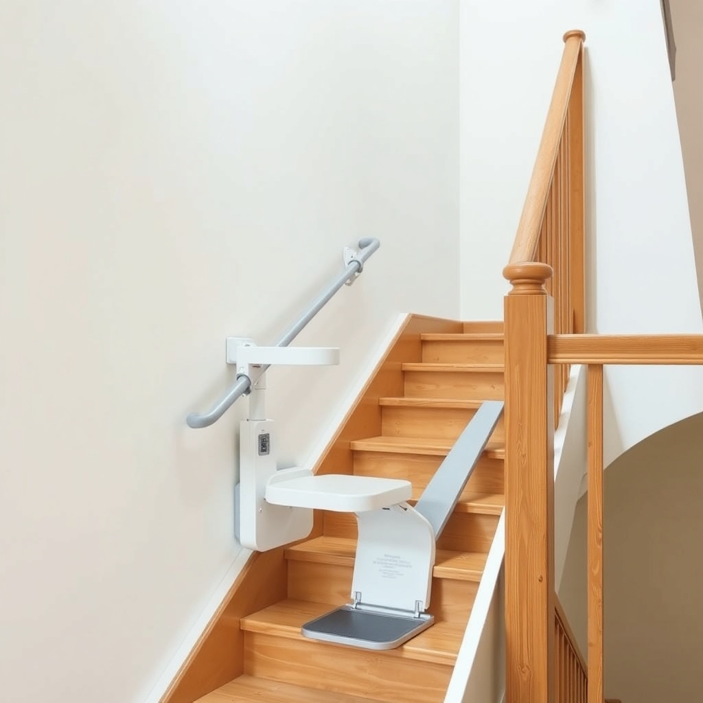 A clear photograph of a straight wooden staircase with a Stannah 420 lift installed