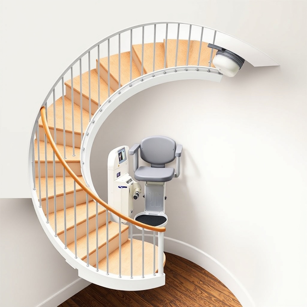 A photorealistic cross-section of a Stannah 420 chairlift on a 90-degree spiral staircase