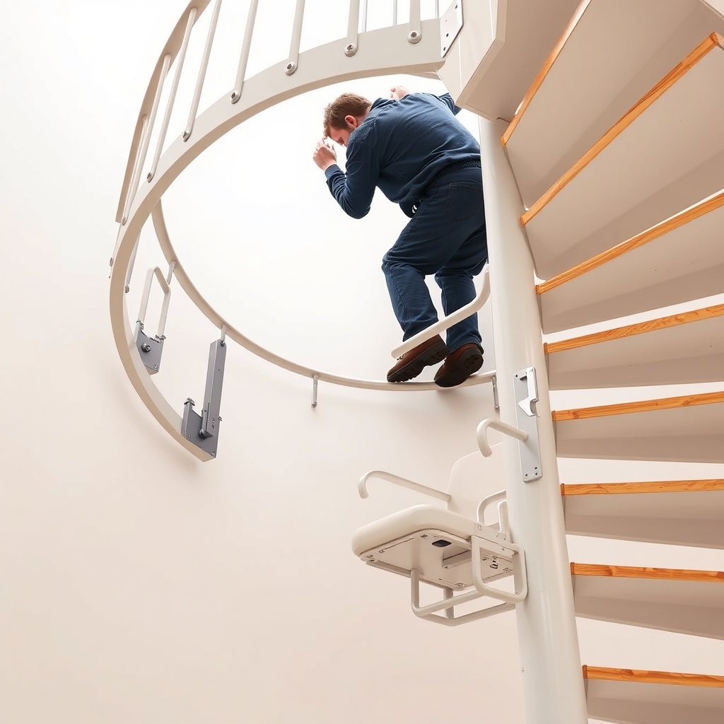 A clean photorealistic image of a technician installing a curved rail segment on a spiral