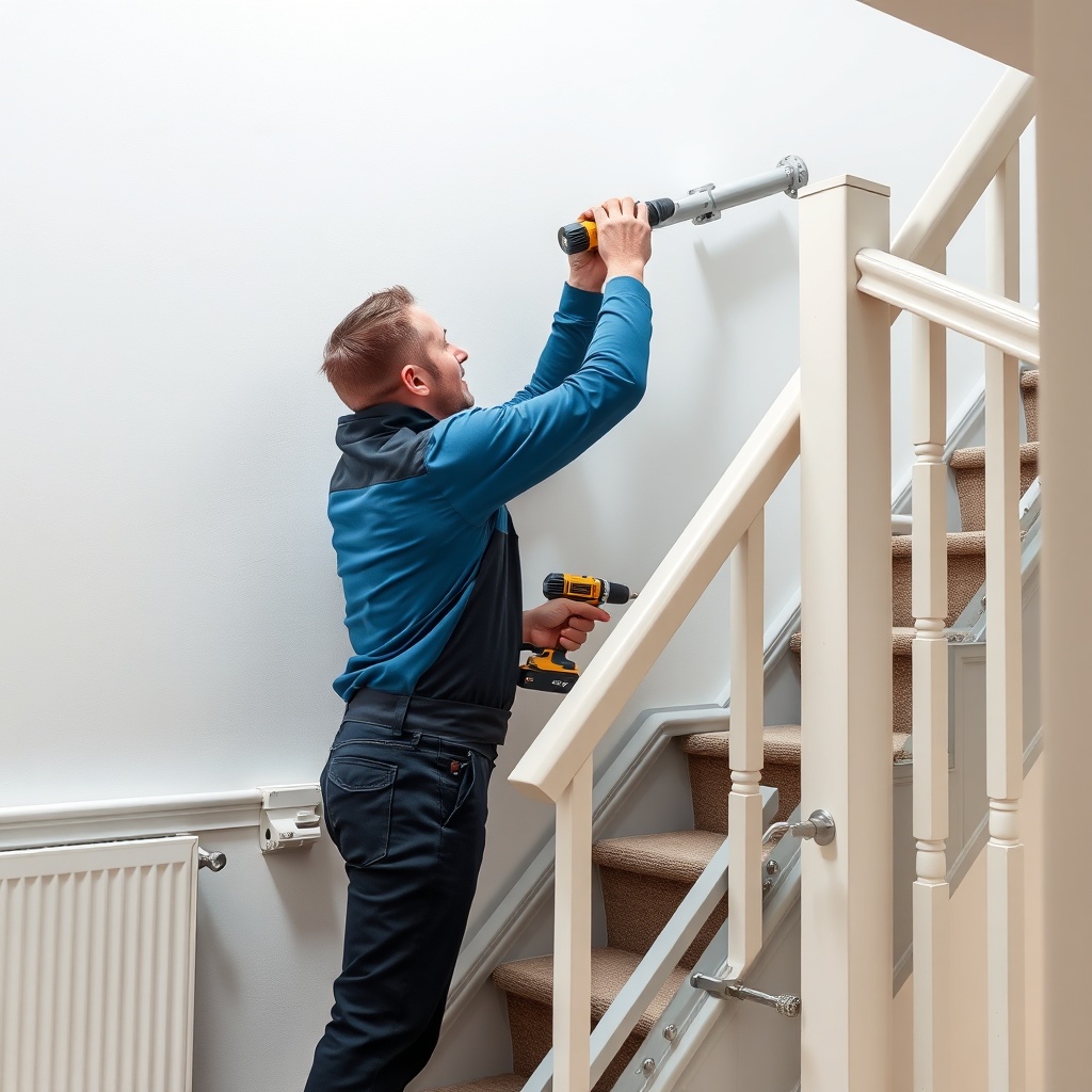 Photorealistic photo of a professional technician installing a Stannah 420 stairlift rail