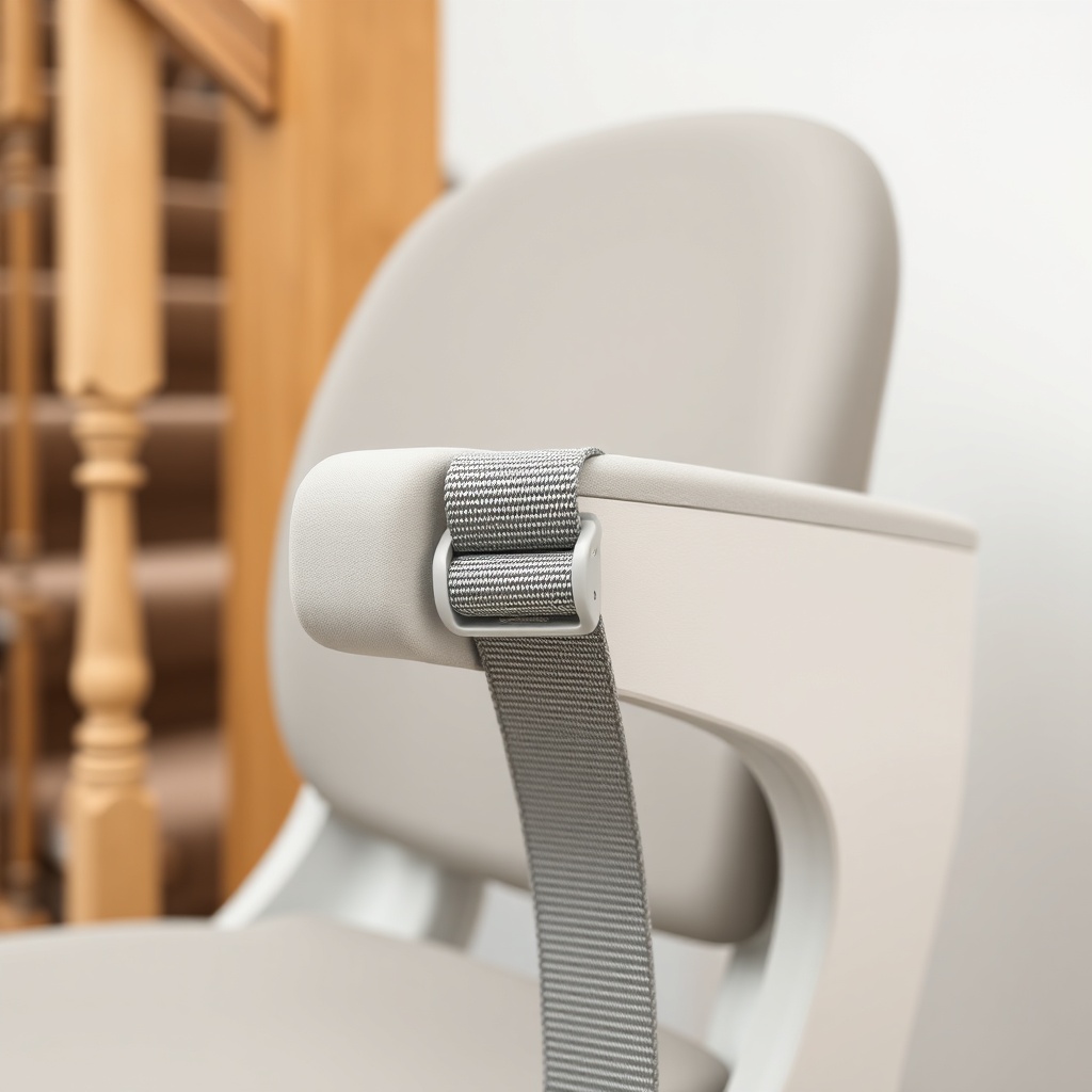 A clean photorealistic photo showing a close-up of a Stannah 420 treppenlift seat with a g
