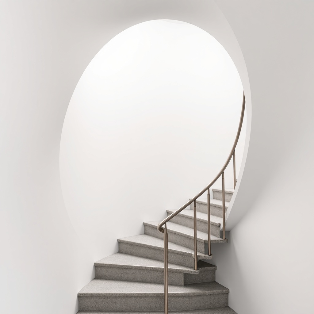 <A photorealistic photo of a narrow spiral staircase with a Stannah 420 and Thyssenkrupp F