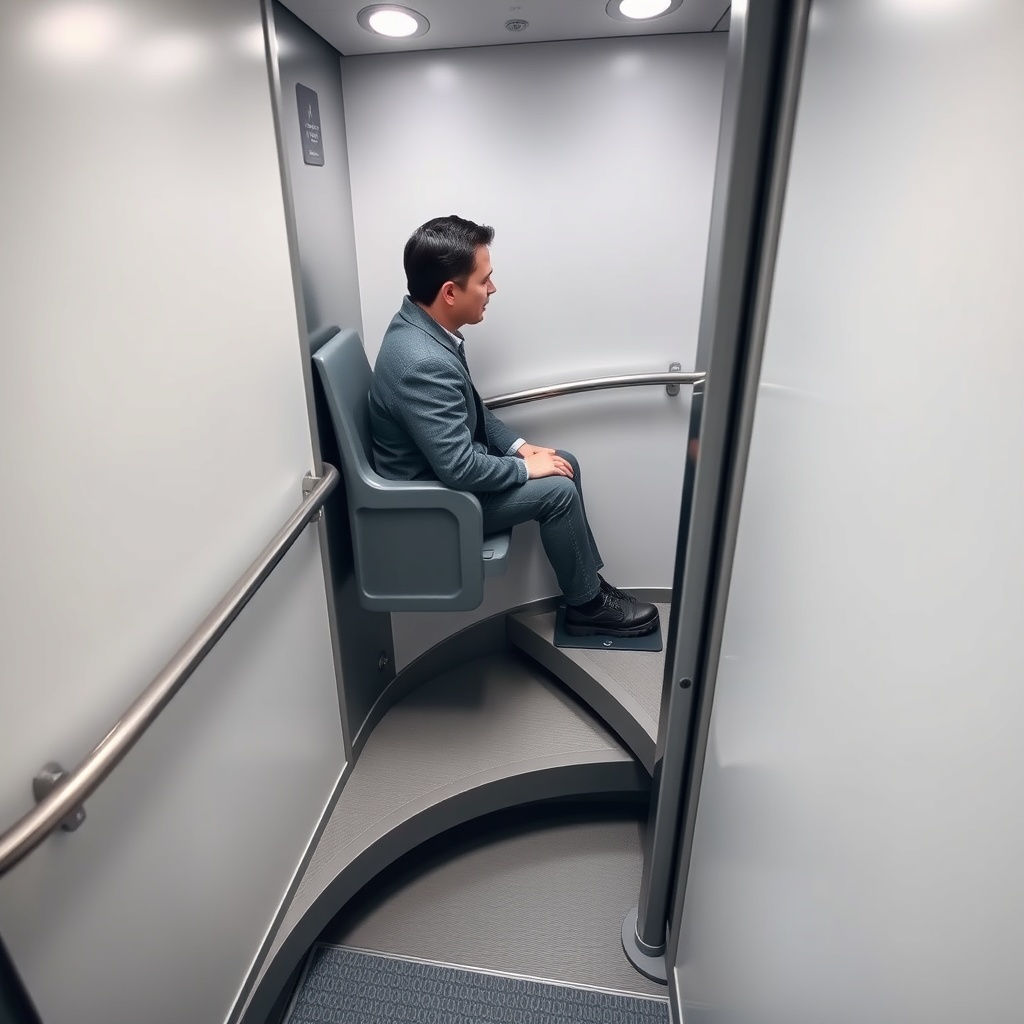 <A photorealistic photo of a seated person in a Thyssenkrupp Flow 550 negotiating a tight