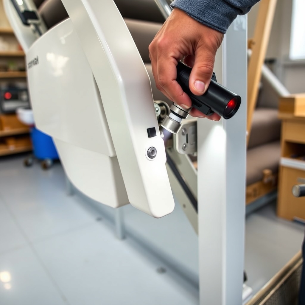 A close-up photorealistic photo of a Stannah 420 stairlift showing the metal guide rail an