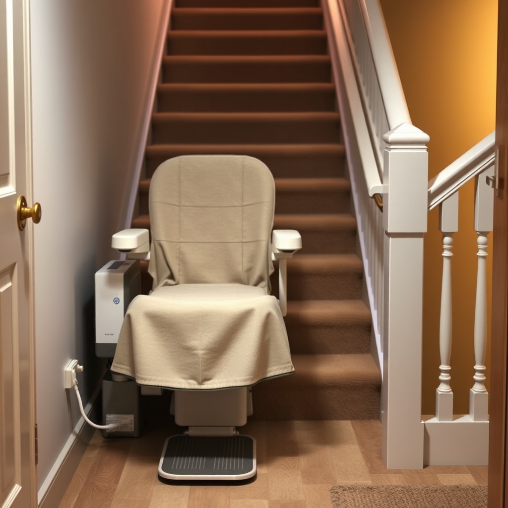 A photorealistic photo of a Stannah 420 stairlift parked at the top of a stairwell